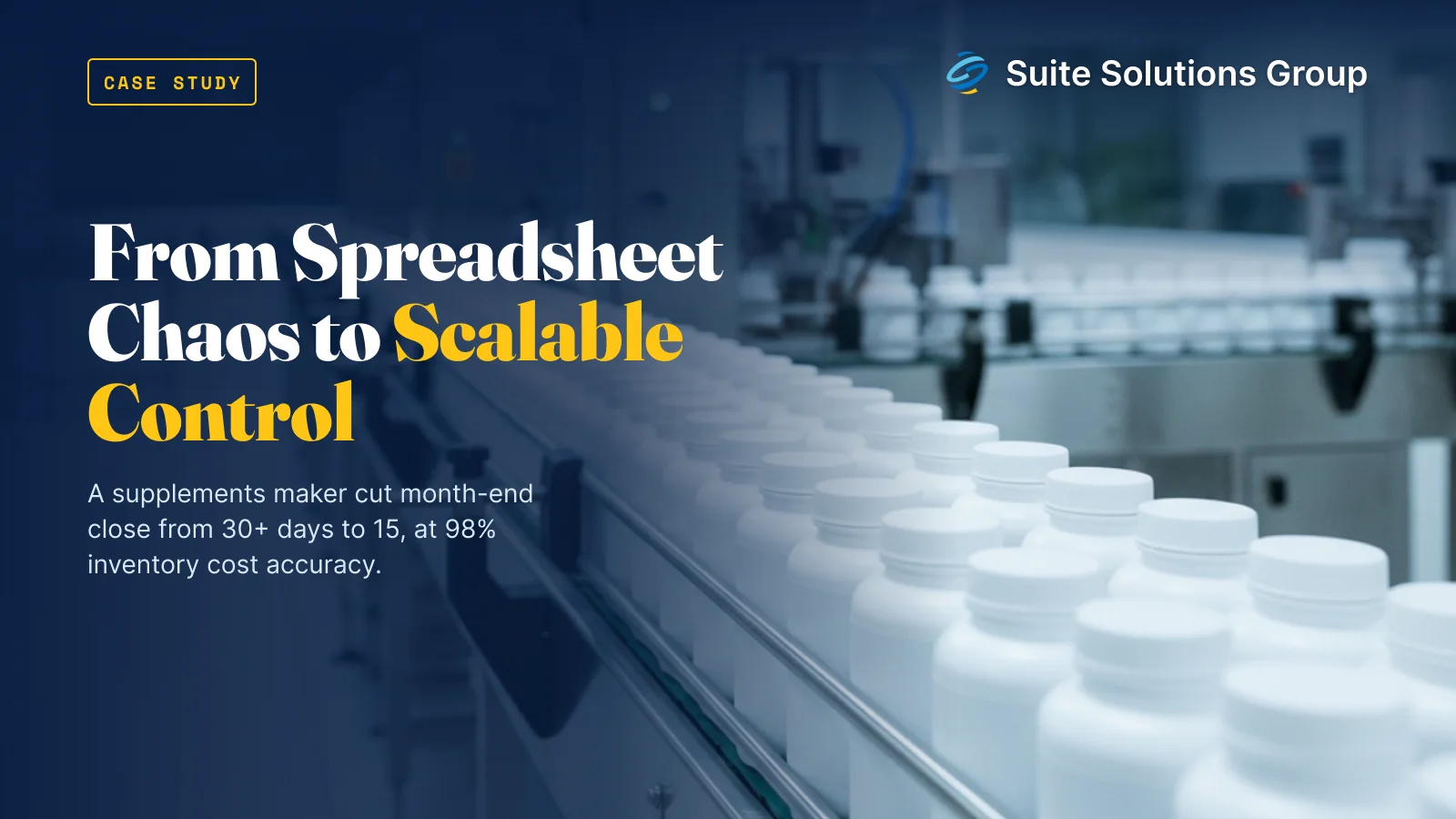 White supplement bottles moving along a stainless steel bottling line in a clean manufacturing facility